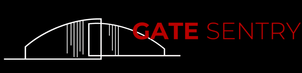 Logo with white fence and red text that says 'Gate Sentry'