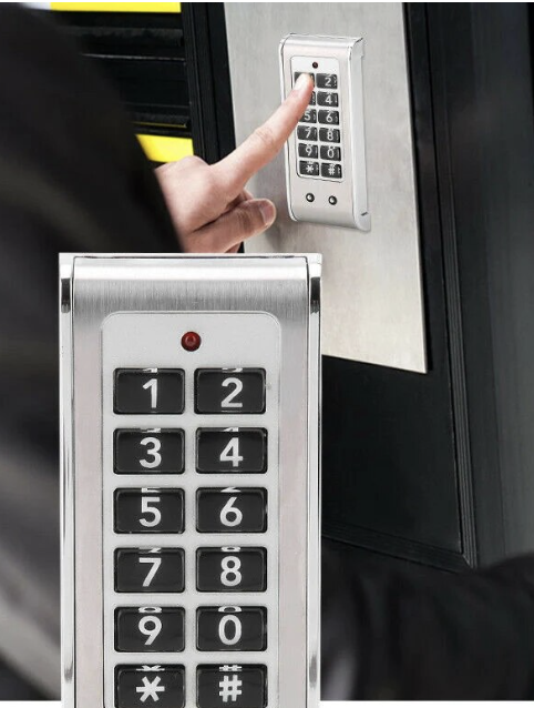 Close-up image of an outdated punch keypad, followed by a scene of someone typing on the same keypad in the background.