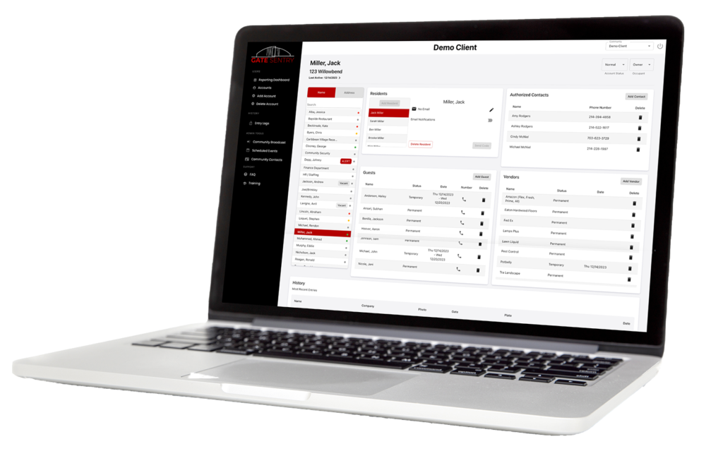 An image of a computer displaying the Gate Sentry administrator portal, highlighting its user-friendly interface that allows easy access to all resident information for efficient management.