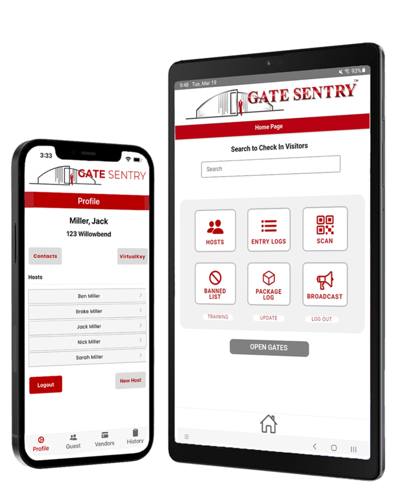 Gate Sentry access control software displayed for both users and security teams. On the left, an iPhone shows the app homepage, while on the right, a security tablet displays the software homepage, highlighting their respective interfaces.