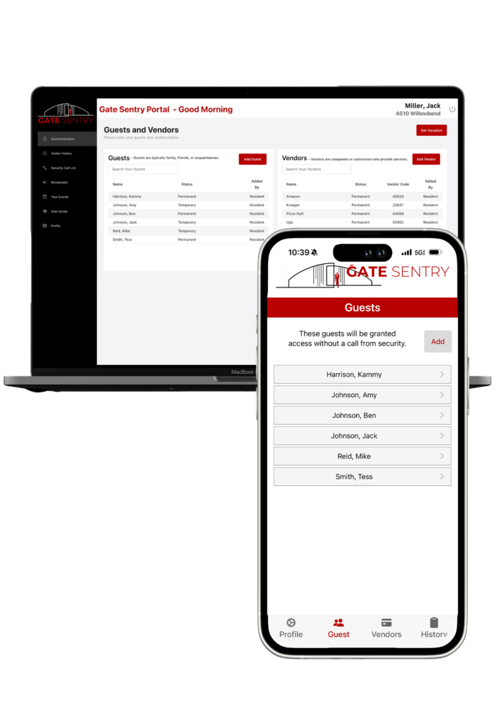 An image showing the Host interface of Gate Sentry displayed on both a laptop and an iPhone app, illustrating seamless access management across devices.