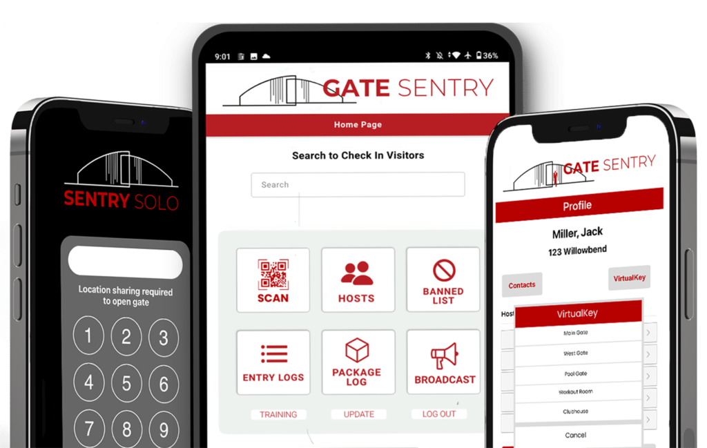 A security tablet displaying Gate Sentry software is centered, with an iPhone on the left showing Virtual Keypad and another on the right displaying Virtual Key. Both phones are slightly tilted and cut off at the halfway point, creating a dynamic presentation of the access control software.