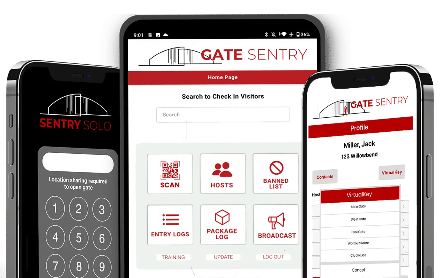 Gate Sentry tablet with Sentry Solo VirtualKeypad and VirtualKey on smartphones