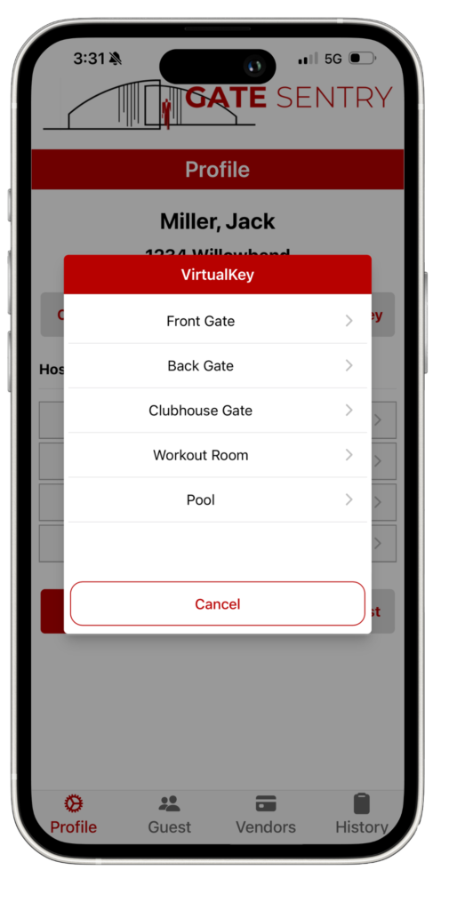 An iPhone displaying the Gate Sentry user app with the VirtualKey feature, enabling users to open gates and entrances from their mobile device.