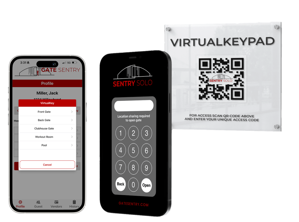 A VirtualKeypad sign with a QR code is displayed alongside an iPhone that has scanned it, now showing the VirtualKeypad interface. The iPhone screen allows guests to enter their access code, enabling entry without the need for physical keypad hardware.