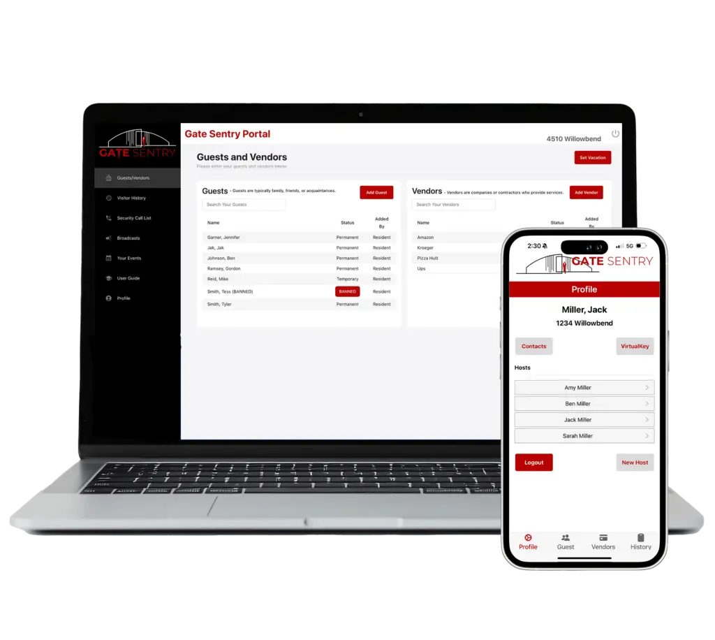 An image showing the Gate Sentry Host app on an iPhone alongside the computer software homepage, demonstrating seamless integration between mobile and desktop platforms for access control management.