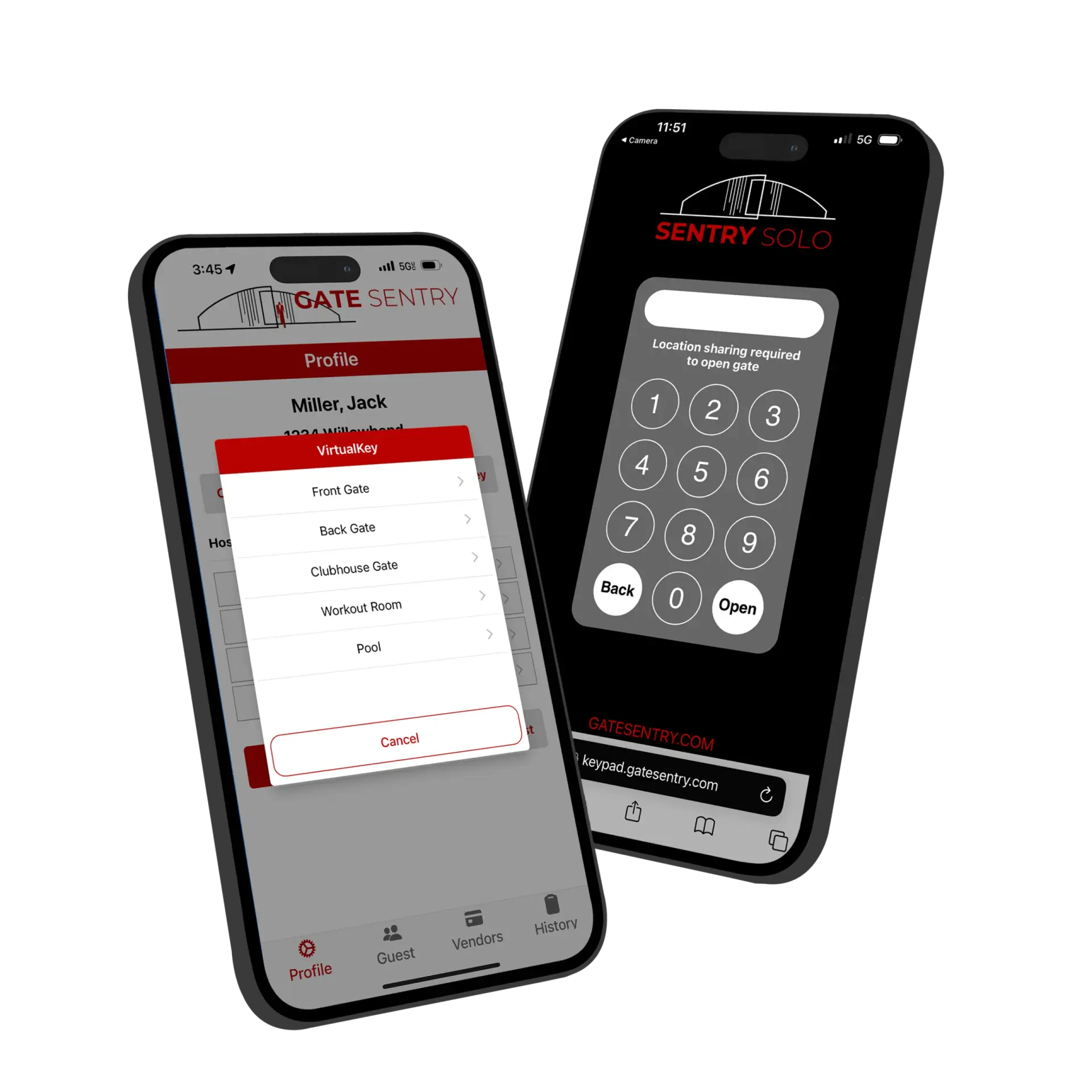 Two smartphones displaying Gate Sentry’s VirtualKey and Sentry Solo VirtualKeypad for mobile access control.