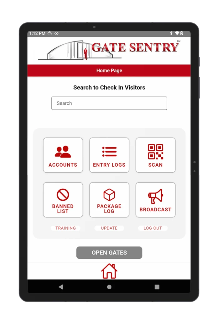 A tablet displaying the Gate Sentry security software interface, showcasing key features such as Accounts, Entry Logs, Scan, Banned List, Package Log, Broadcast, Training, Update, and Logout.