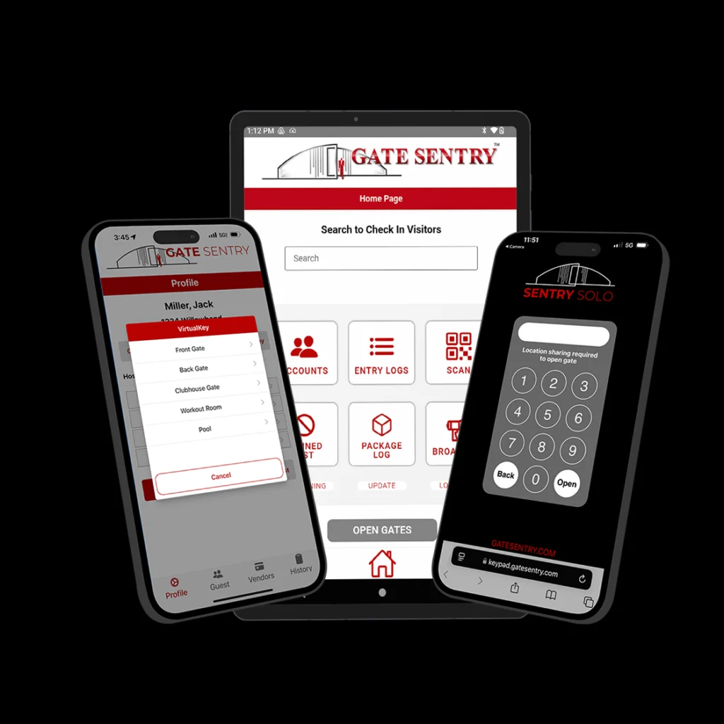 A security tablet showing Gate Sentry access control software, flanked by two iPhones showing VirtualKeypad and VirtualKey.