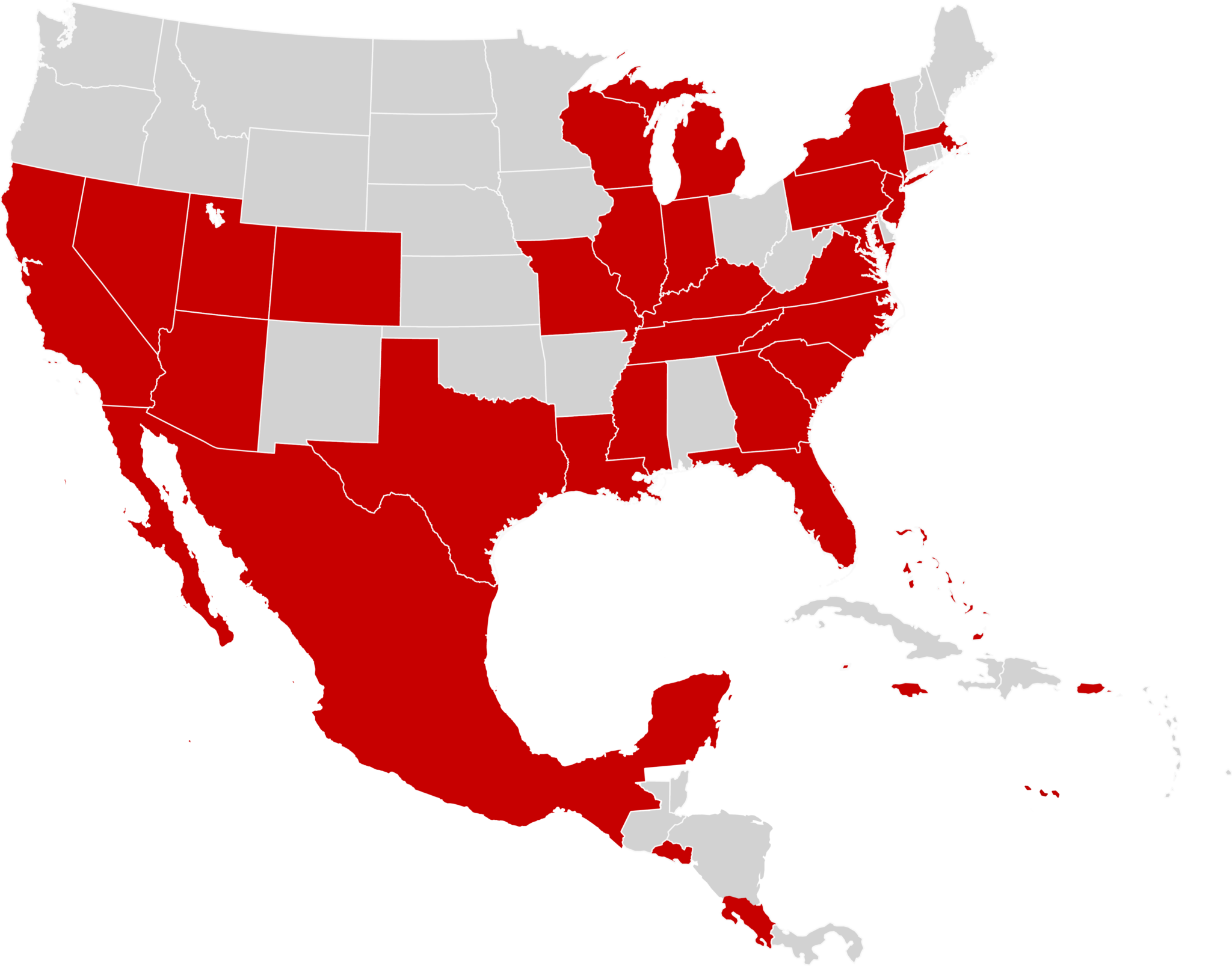 A map of North America displaying all states and countries where Gate Sentry operates in red, while those where it does not operate are shown in gray.