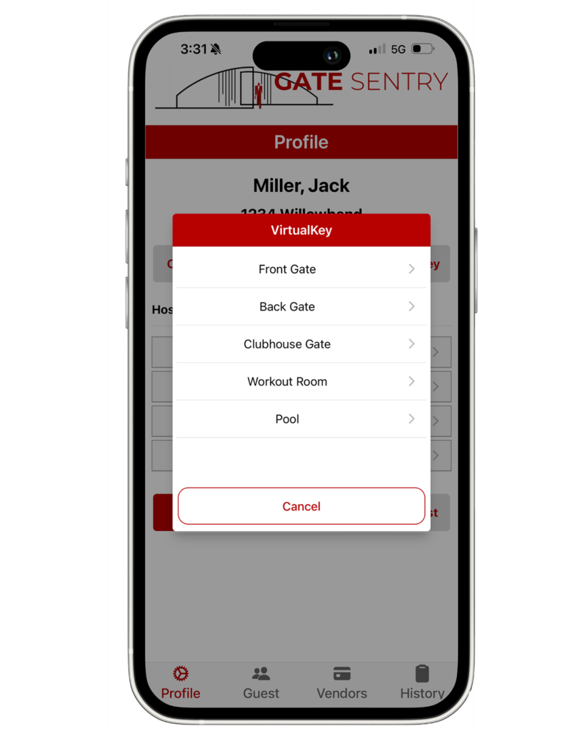 An iPhone displaying the Gate Sentry user app with the VirtualKey feature, enabling users to open gates and entrances from their mobile device.