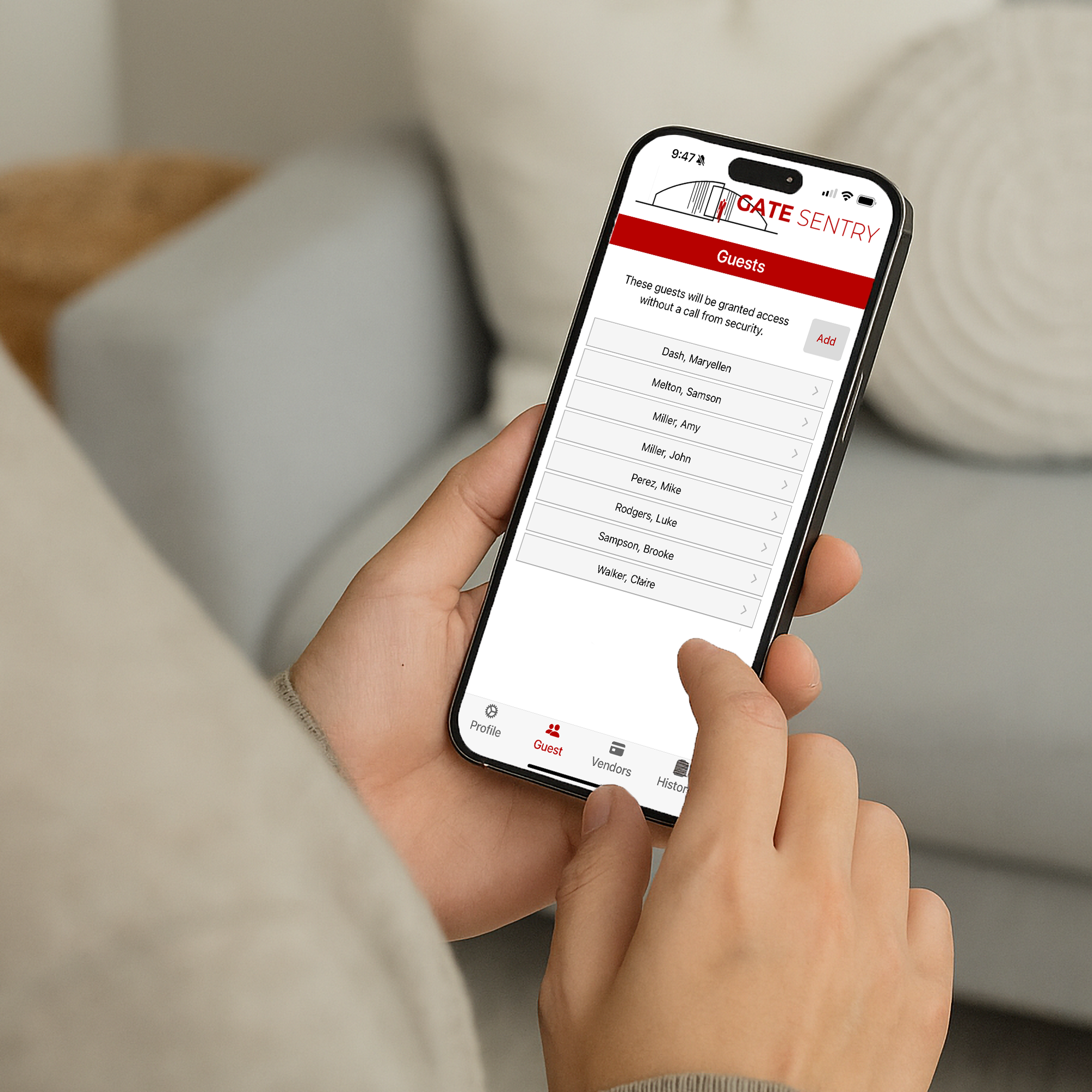 User managing guests and gate access via mobile app on smartphone
