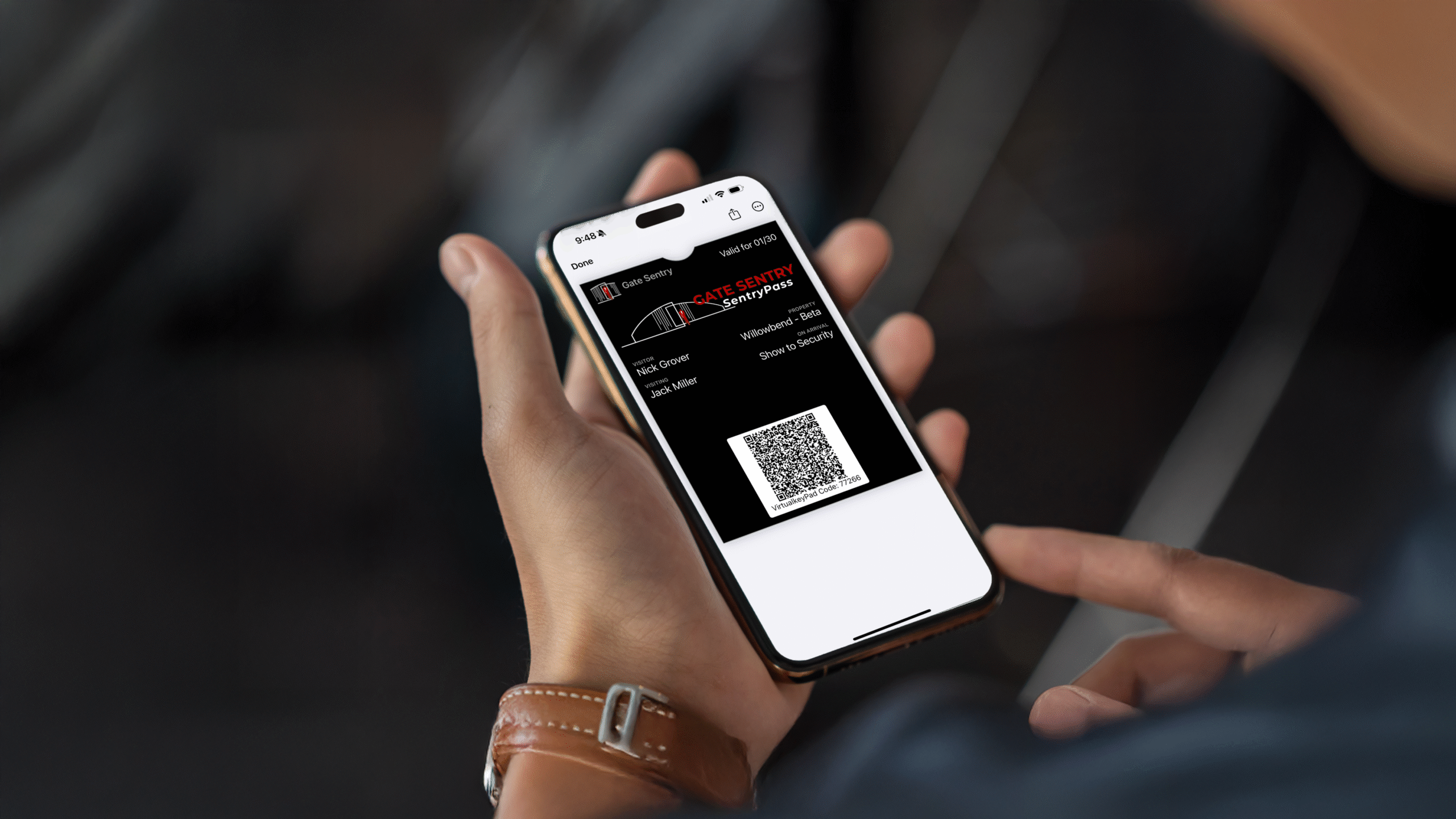 Gate Sentry SentryPass on a mobile phone for hero banner.