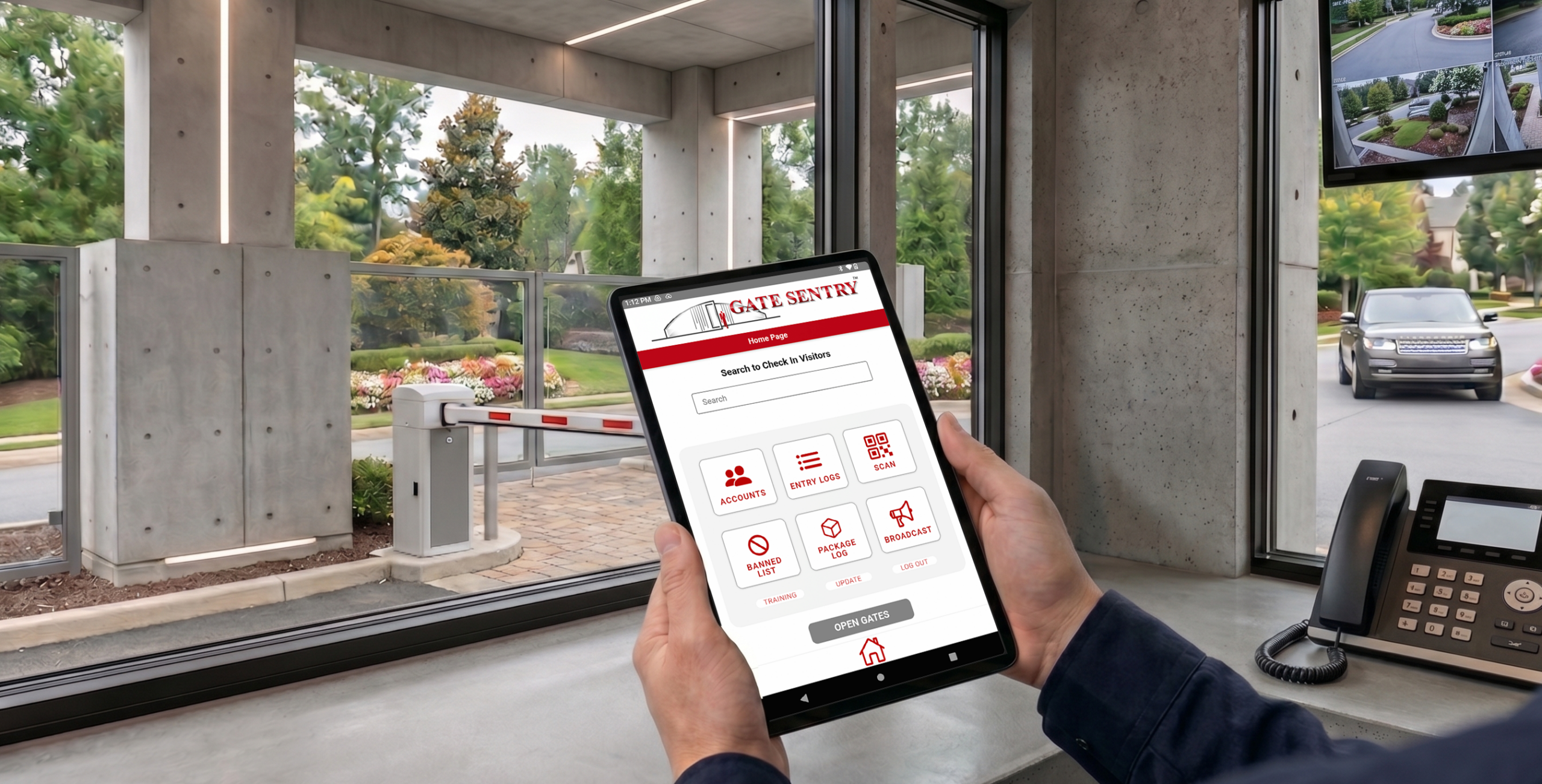 Gate Sentry security tablet at a gatehouse, replacing hardware-based visitor management systems