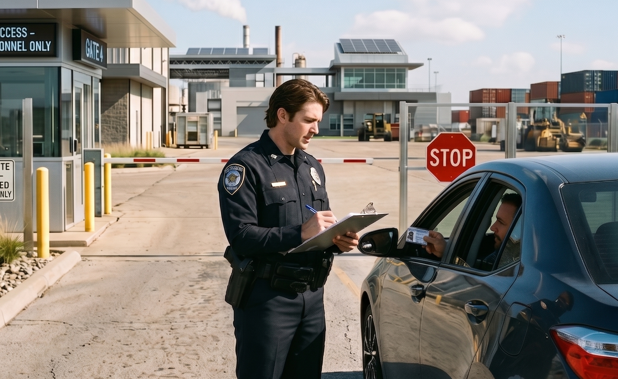 A guard logging a visitor by hand on a clipboard at an industrial front gate