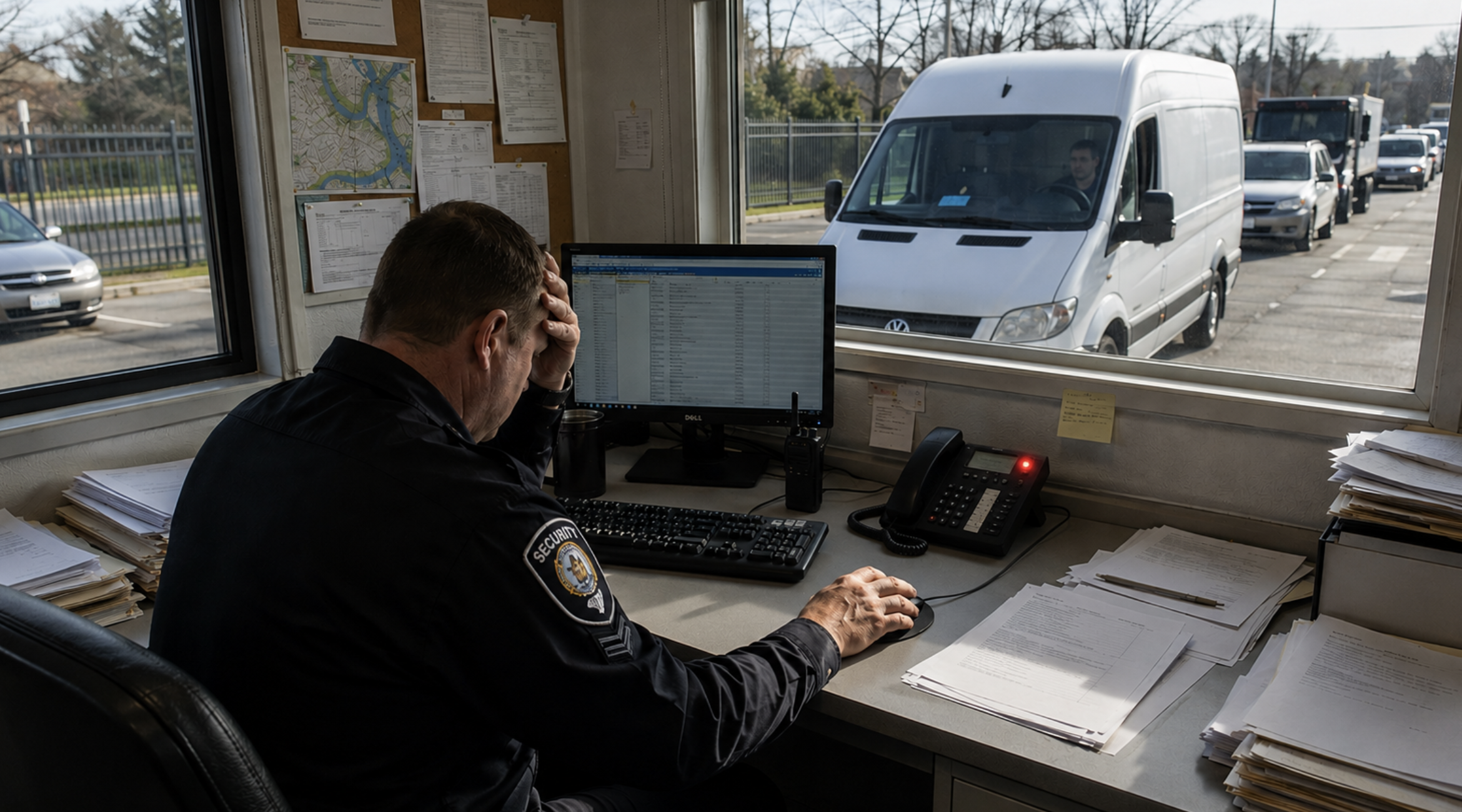 Security guard at a gated community entrance using tablet-based visitor management software to check in guests