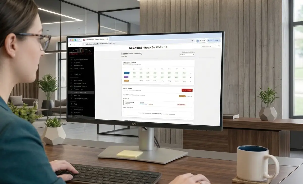 Sentry Solo Access Scheduler showing weekly access hours for residents, guests, and vendors at an unmanned entrance