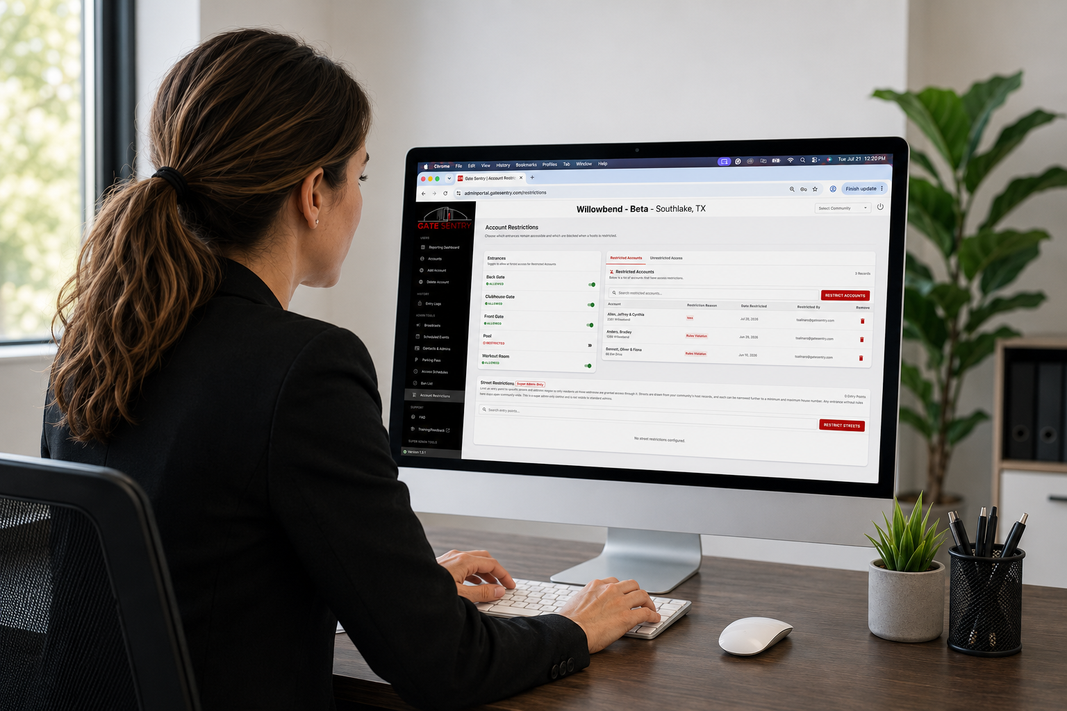 Gate Sentry admin portal showing account restriction settings for a resident's VirtualKey access