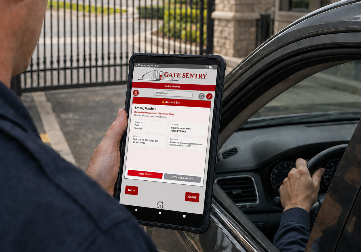 Property-wide ban interface in Gate Sentry showing a banned individual flagged at gated community entry