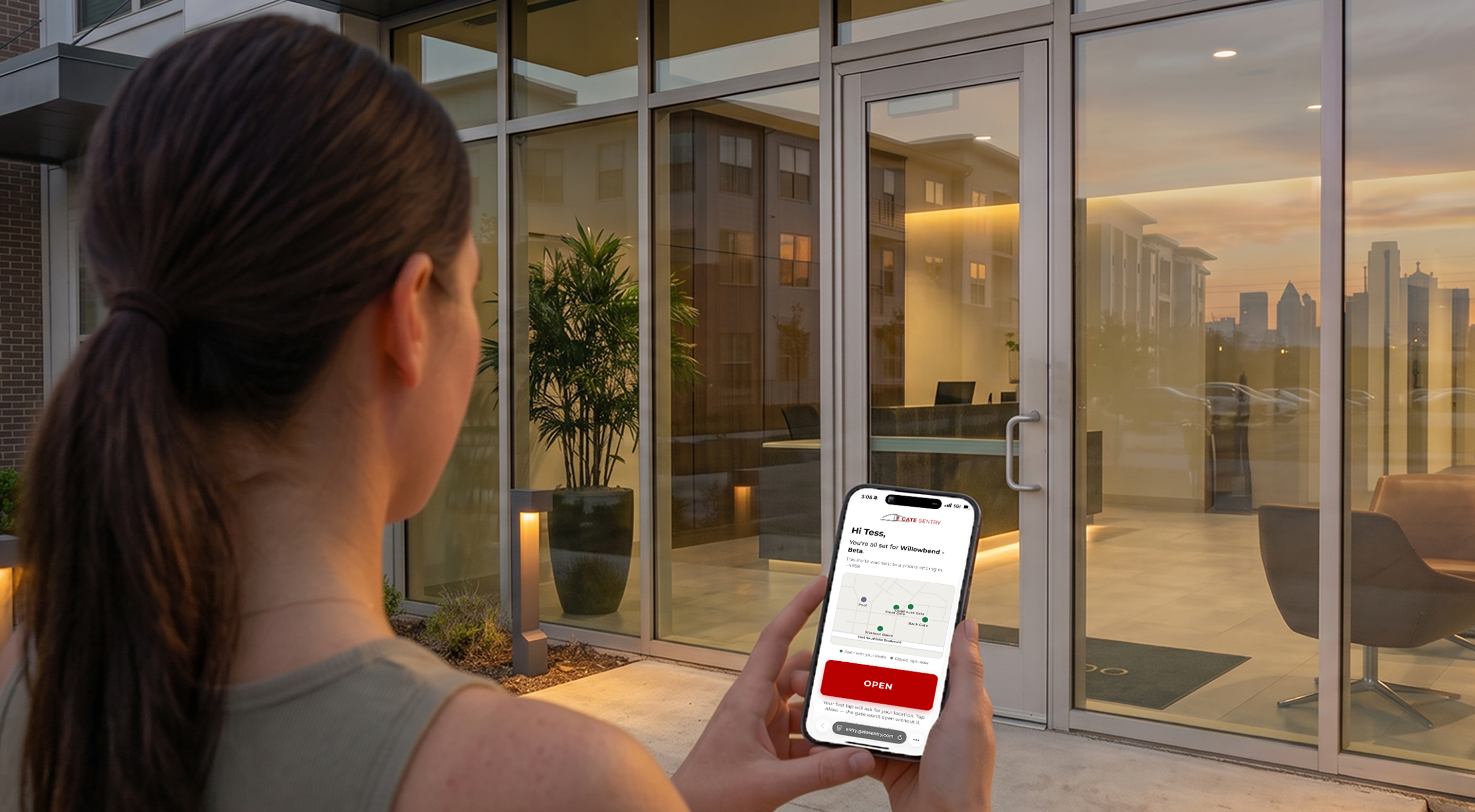 SoloPass tap-to-enter mobile visitor access opening an unmanned Sentry Solo entrance with one tap